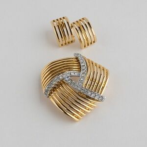 Vintage Brooch Pin Earring Jewelry Set Abstract Design Clear Rhinestones Large